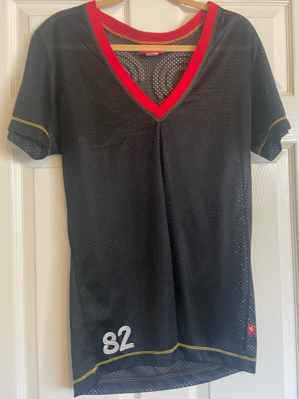 Andrew Christian Black Mesh V-Neck Jersey with Red Trim